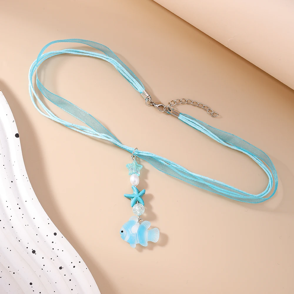 Aihua Kalung Ikan Kecil Bintang Laut Fashion untuk Hadiah Perhiasan Kalung Anak-anak Kartun Cantik Anak Perempuan Wanita Pantai Musim Panas