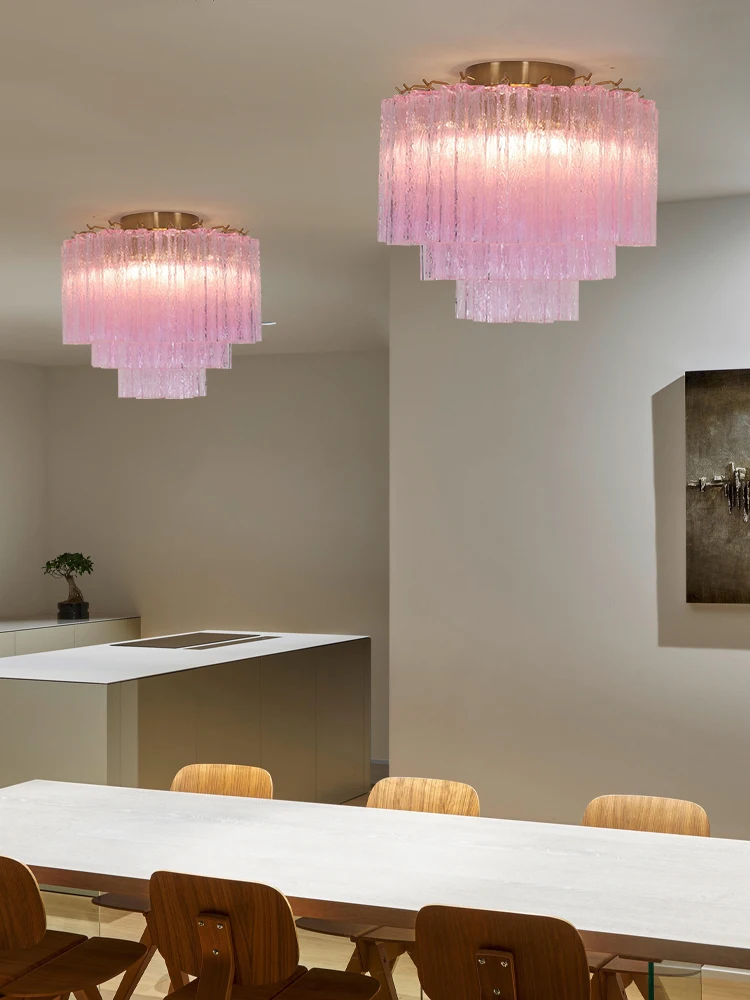 Clear PInk Glass 2-7 Layer Stainless Steel LED Ceiling Chandelier Hanging Lamps Suspension Luminaire