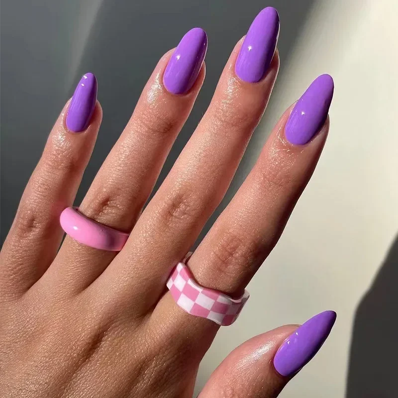 Solid Color Wearable Nude Pink Green Purple Long Stiletto Finished Almond Fake False Art Nails Tips Press on Nail Glue Manicure