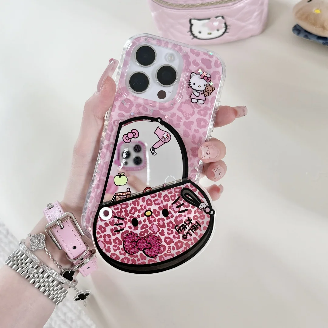 

Hello Kitty Girls Leopard Mirror Flip Wallet Bag Phone Case For iPhone 16 14 13 15 Pro Max Anti-Fall Protection Cover ﻿