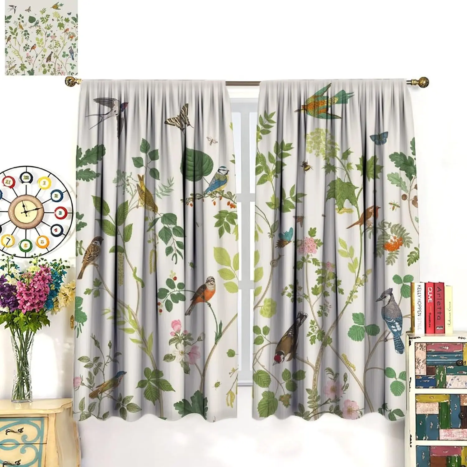 

Flowers Birds Curtains,Vintage Floral Garden Window Treatments for Bedroom Living Room Kitchen Home Décor Drapes 2 Panels Set
