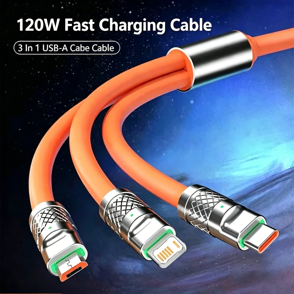 3 in 1 Micro USB Type C 120W Fast Charge Cable For iPhone Samsung Google Moto Xiaomi Huawei Realme OnePlus Liquid Silicone Wire