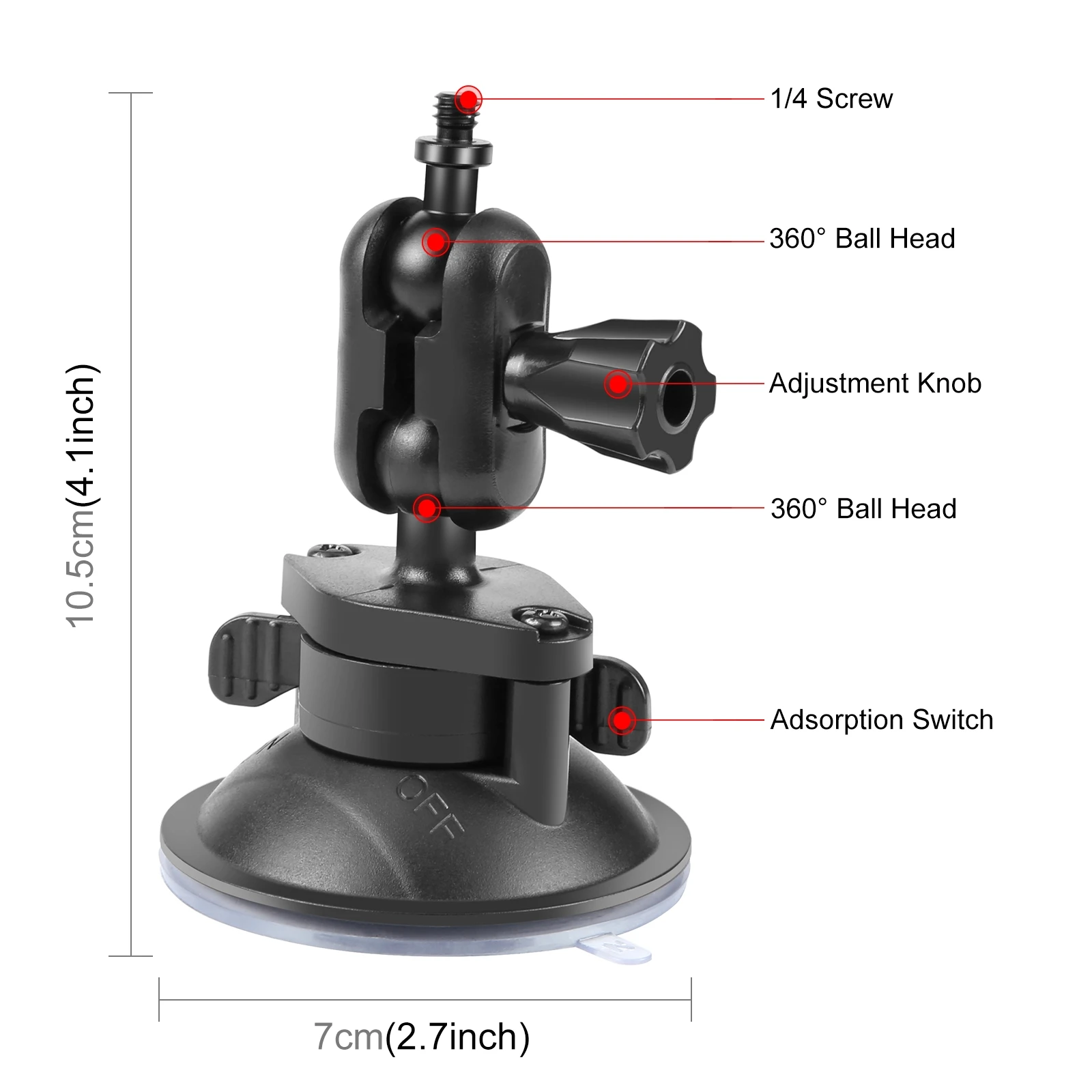 PULUZ Car Suction Cup Holder For Insta360 / DJI / Gopro Action Camera 1/4 inch Magic Arm Double 360 Degree Ball Head Mount