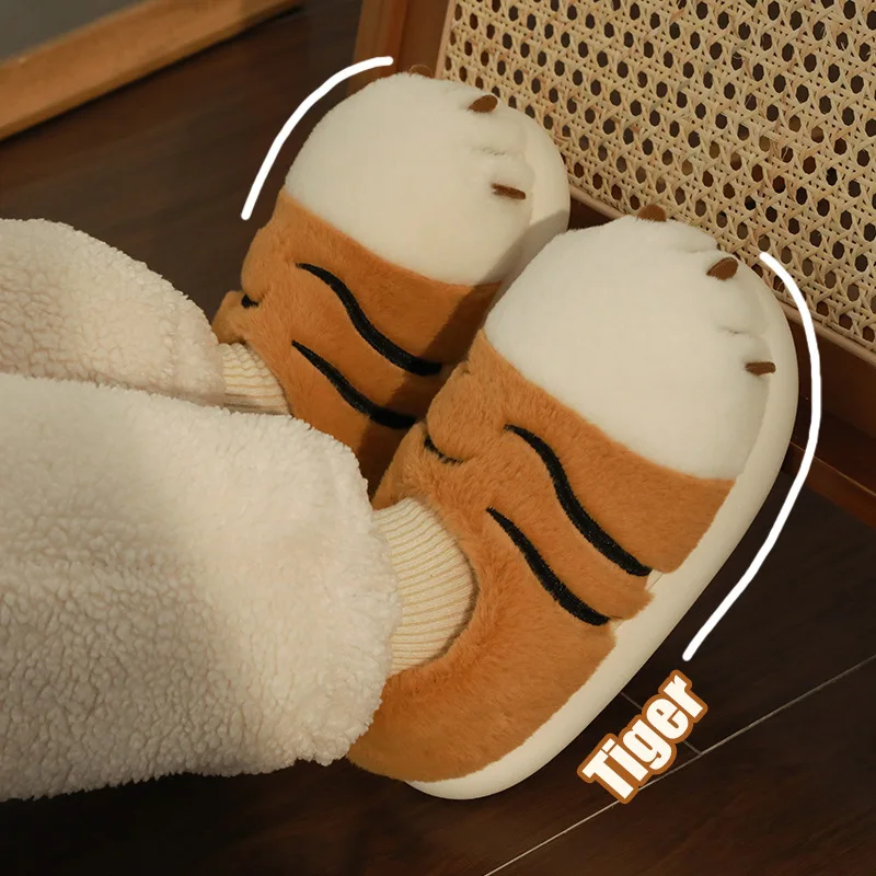 2024 Cartoon Tiger Paw Slipper Winter Indoor Warm Fur Shoes Slides Cute Animals Plush Platform Design Claw Ladies Home Slippers