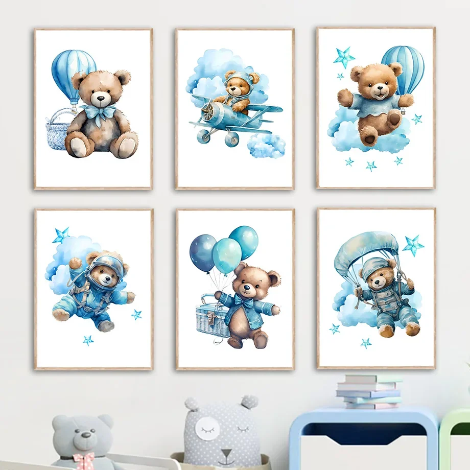 Cute Bear Blue Airplane Star Cloud Hot Air Balloon Nursery Prints Posters Wall Art Canvas Painting Pictures Baby Kids Room Decor