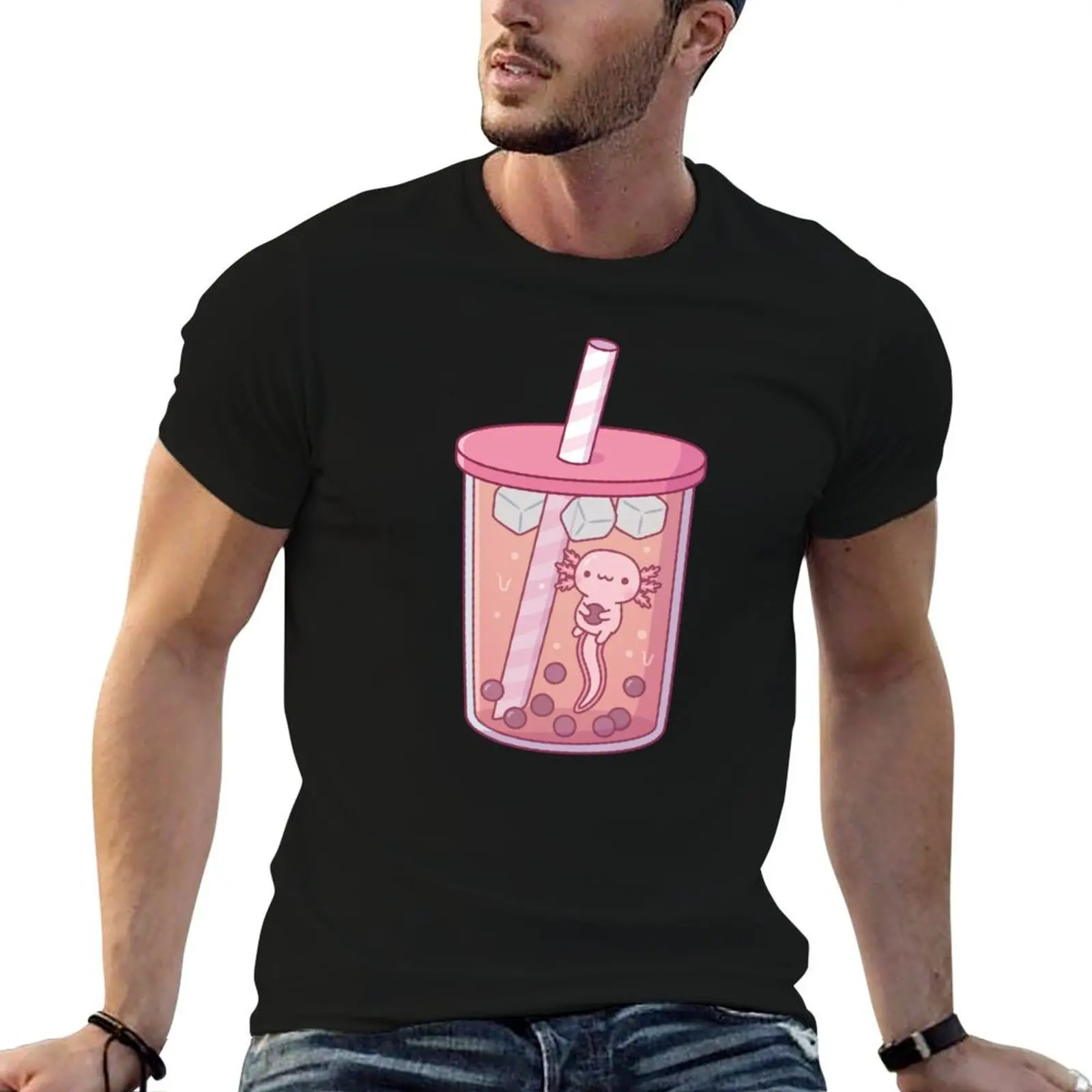 Cute Axolotl Swimming In Bubble Tea T-Shirt croswit shirt man hippie clothes mens white t shirts