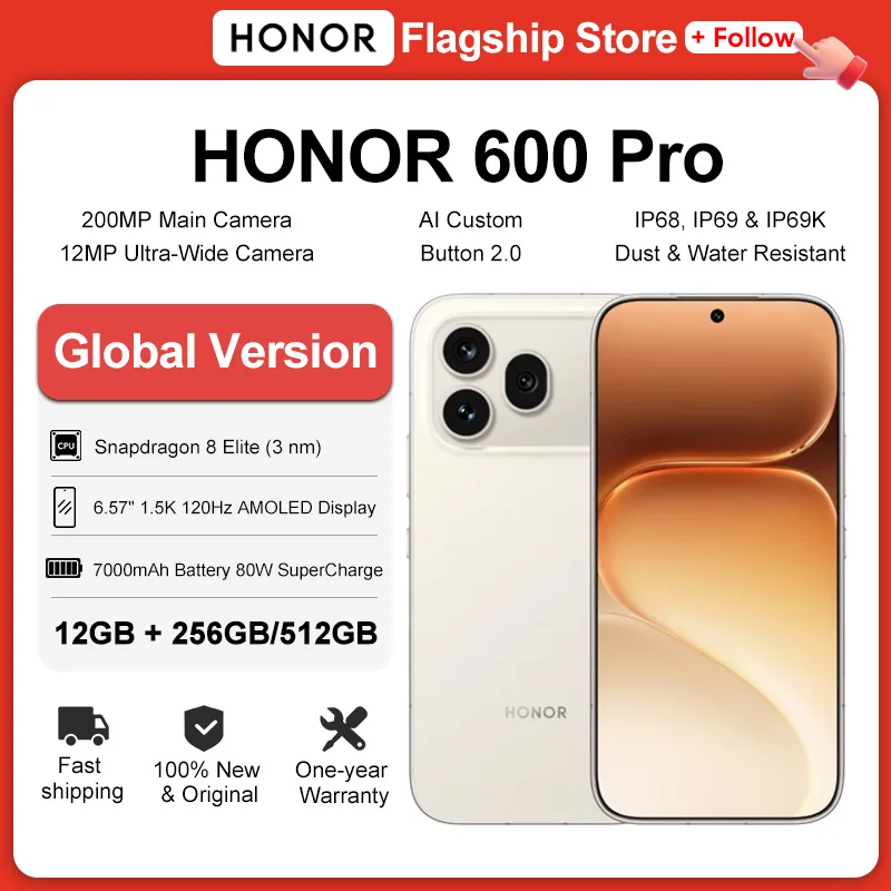 Global Version HONOR 600 Pro 6.57'' AMOLED Snapdragon 8 Elite 200MP OIS Camera 120X Zoom 7000mAh 80W Wired 50W Wireless Charging