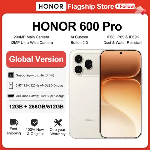 Global Version HONOR 600 Pro 6.57'' AMOLED Snapdragon 8 Elite 200MP OIS Camera 120X Zoom 7000mAh 80W Wired 50W Wireless Charging
