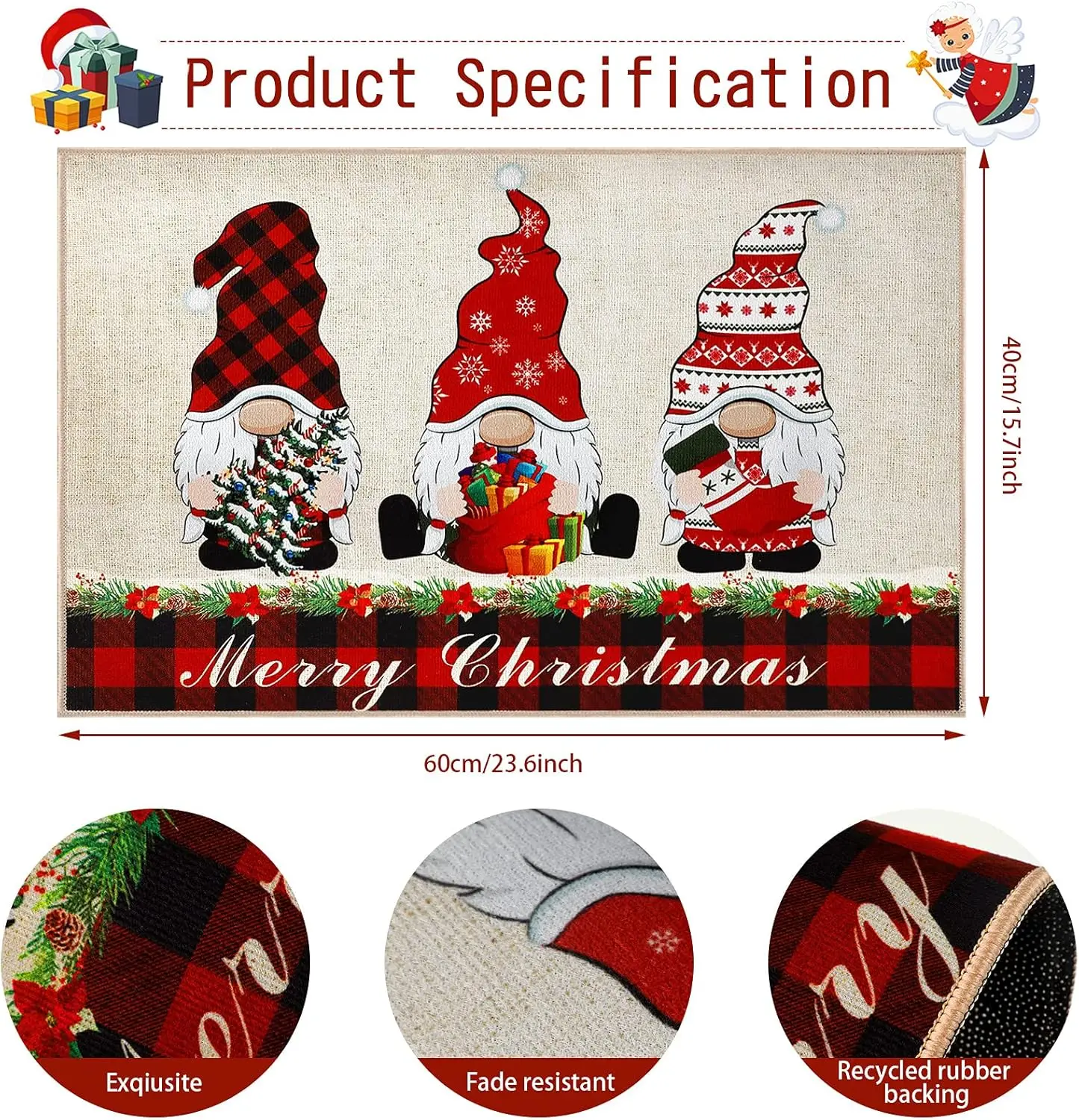 VIKAMA عيد ميلاد سعيد جنوم ترحيب ممسحة الأحمر الجاموس منقوشة الكلمة حصيرة عدم الانزلاق قابل للغسل منطقة البساط لمدخل المنزل الديكور #2