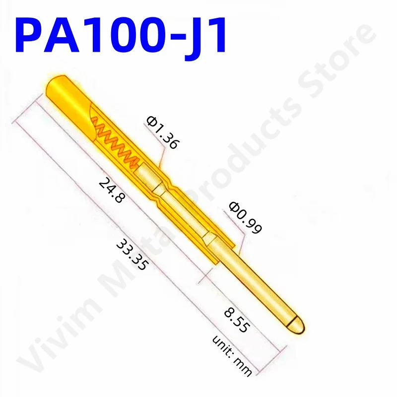 100PCS PA100-J1 Spring Test Probe PA100-J Test Pin P100-J P100-J1 Test Tool 33.35mm 1.36mm Needle Gold Tip Dia 0.99mm Pogo Pin