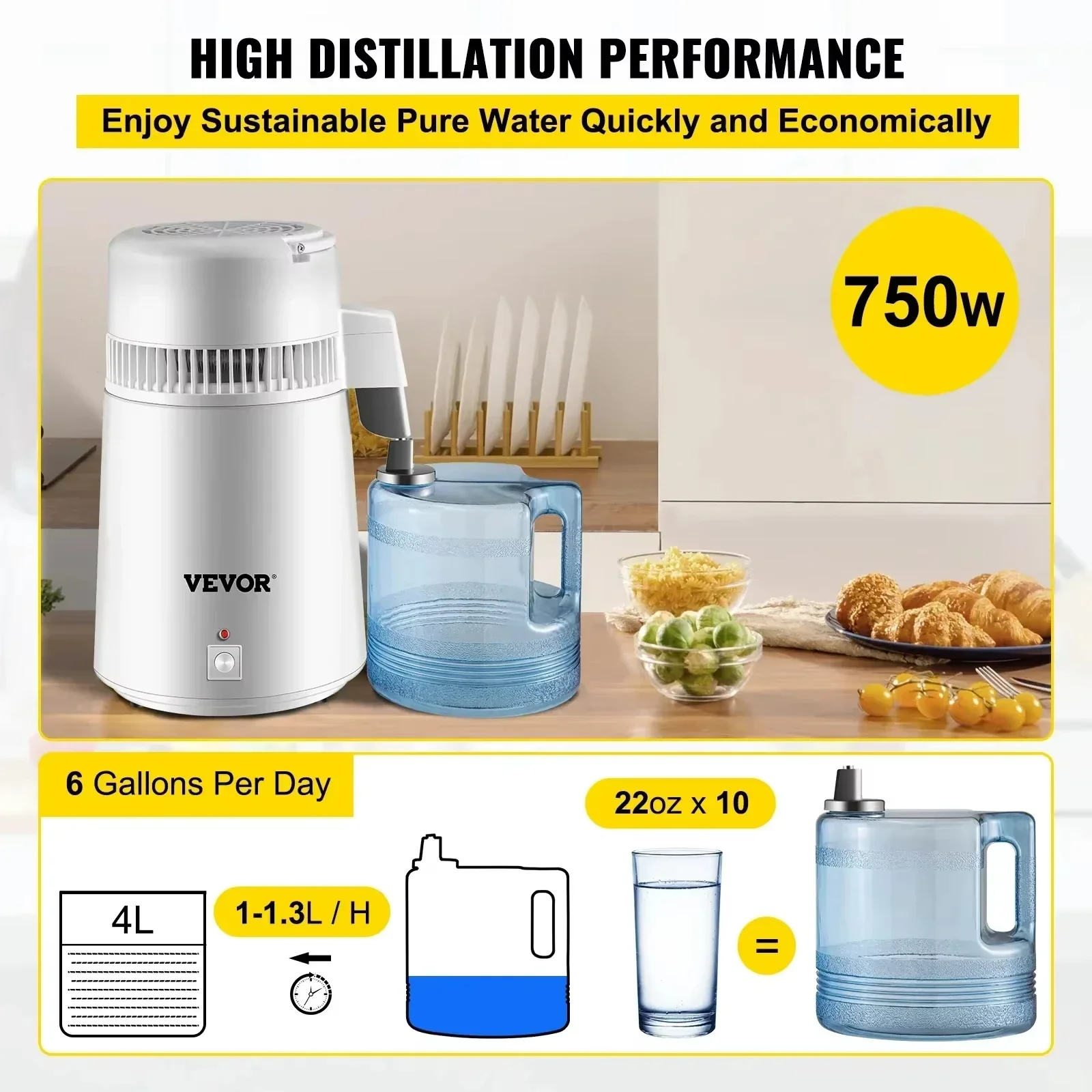 VEVOR Water Distiller 4L Purifier Filter Dispenser Heating Drinking Bottle Softener 304 Stainless Steel Home Appliance for Offic