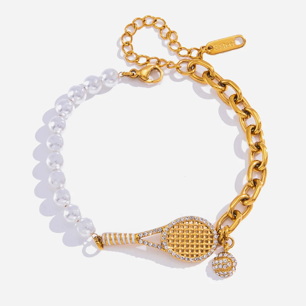 

Delicate White Zircon Tennis Shape Pendant With Imitation Pearls Bracelet For Women PVD Plated Stainless Steel Bracelets