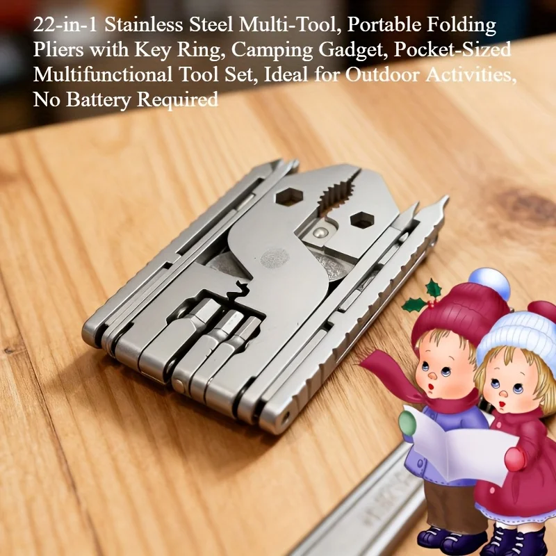 Stainless Steel Multi-Tool with Key Ring - Portable Folding Pliers, Screwdriver, Wrench, Hammer, Knife, Scissors, Opening Tool