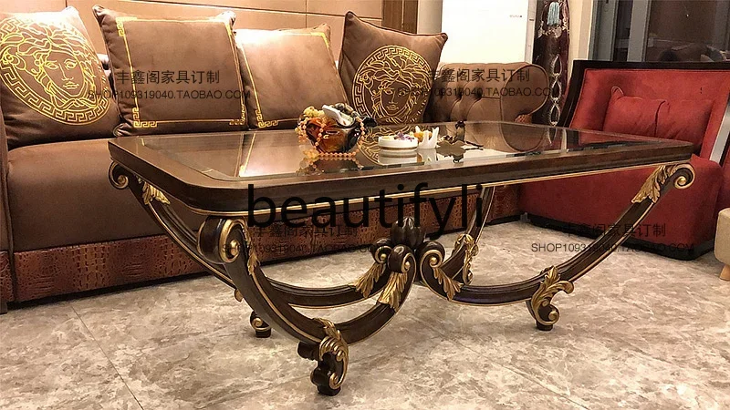 yj57 Neoclassical carved coffee table gold-painted solid wood glass living room square table light luxury low table retro old