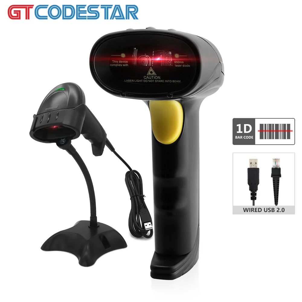 GTCODESTAR Handheld Supermarket Barcode Reader 1D Wired Barcode Scanner USB Laser Barcode Scan Gun for POS Long Range Scanning