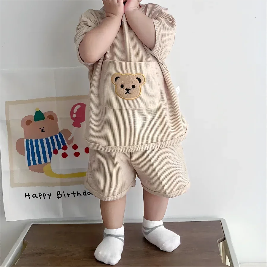 2024 Summer Baby Clothing Set Baby Casual Homewear Set Waffle Bear Te and Shorts 2 Pcs Suits for Baby Boys Girls