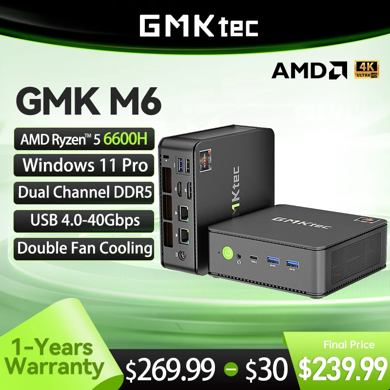 

Мини-ПК GMKtec M6 Nucbox с процессором AMD Ryzen5-6600H (6 ядер, 12 потоков), DDR5 4800 МГц, PCIe 3.0, SSD, Wi-Fi 6, BT5.2, Windows 11 Pro, для игр и работы.