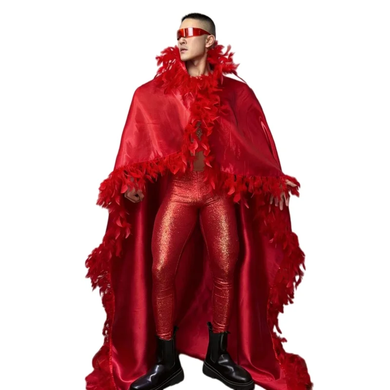 Bar Nightclub Gogo Performance Clothes Male Cosplay Costume Men's Red Feather Trailing Cloak Tight Pants Set Carnival Stage Wear