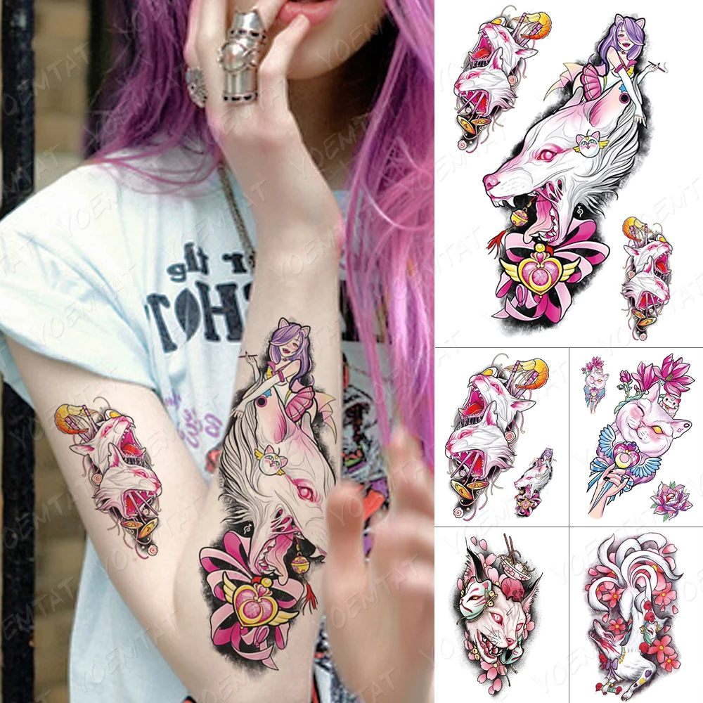 

Waterproof Temporary Tattoo Sticker Japanese Beautiful Girl Nine Tailed Fox Flash Body Art Fake Tatoo Men Women Transfer Tattoos