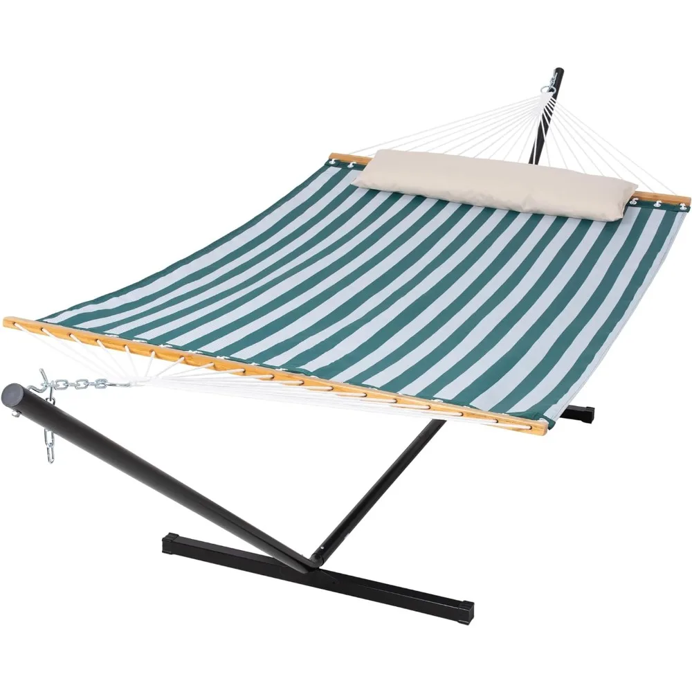 

Quick Dry Hammock with Stand, 2 Person Outdoor Free Standing Hammock for Poolside, Garden, Backyard, Green Stripes