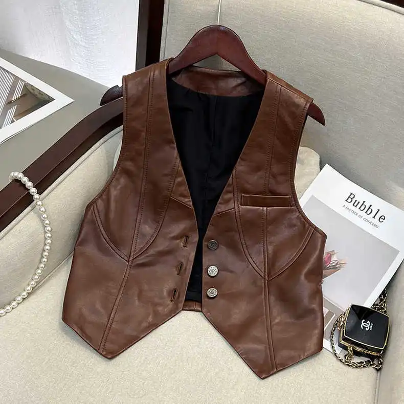 New High-waist PU Fake Pocket Vest Vest Slim Design Retro Top Leather Jacket