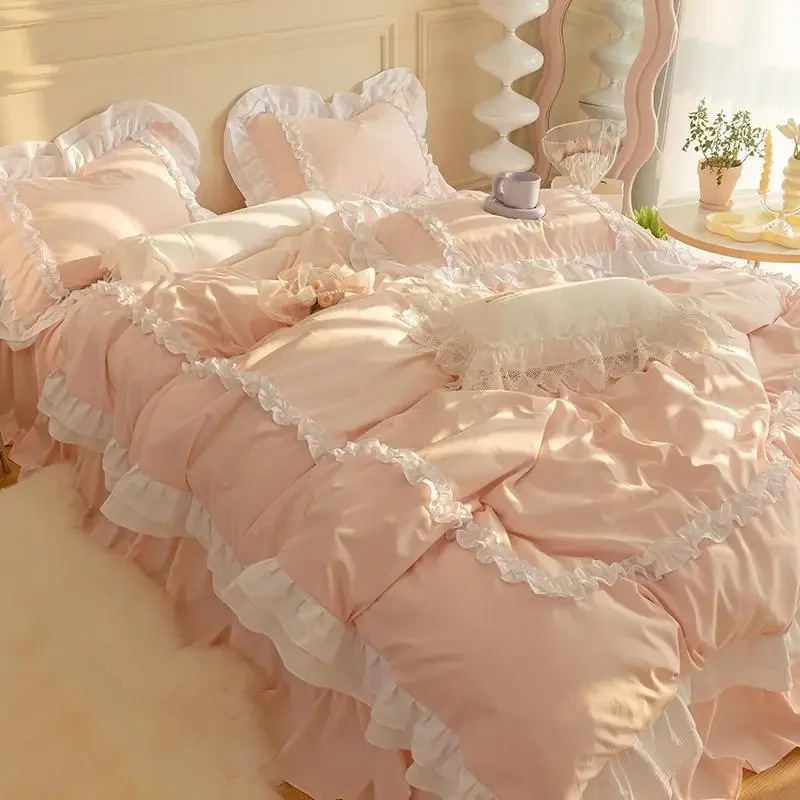 INS Korean Princess Bedding Kawaii Ruffle Lace Bed Skirt Duvet Cover Solid Color Queen Size For Girls Woman Home Textiles