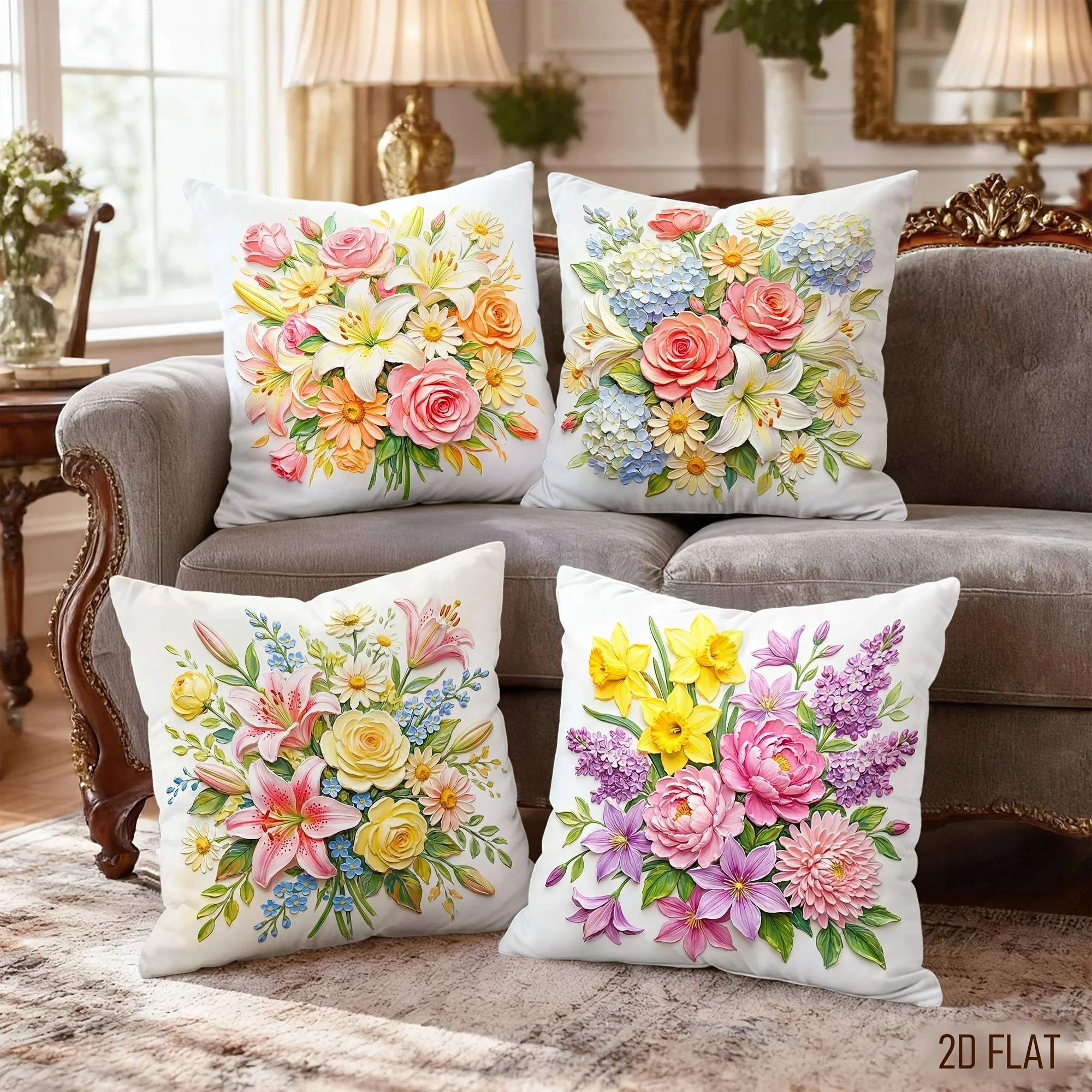 4pcs Floral Printed Cushion Cover Rose Lily Hydrangea Daisy Pillow Case Polyester Home Decor Sofa Bedroom Living Room 2D Print