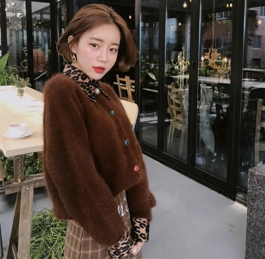 Korean New Autumn Winter Pink Mink Cashmere Cardigan Coat For Women Color Single Breasted Thick Knitted Mohair Sweater Outwear