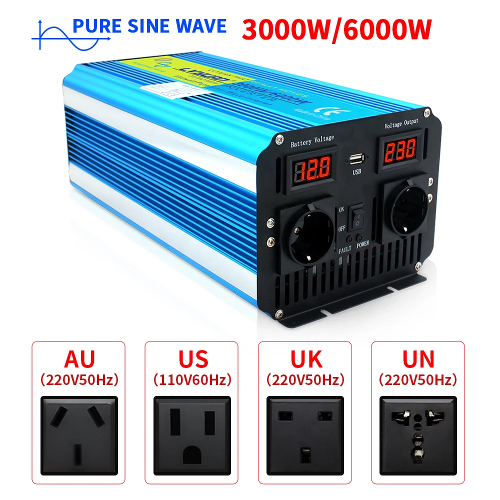 Pure Sine Wave Power Inverter Continuous power 3000W dc 12v/24v LED display suitable for ac 110V 220V 240V solar converter car