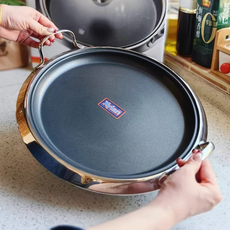 

Сковорода из нержавеющей стали 30 см, антипригарная, плоская, для пиццы, многофункциональная кухонная утварь, совместимая с индукционными плитами, профессиональная сковорода