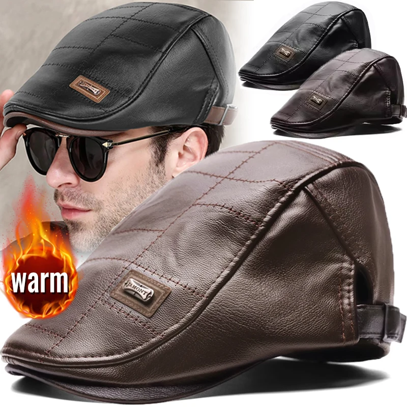 Fashion Men PU Leather Beret Autumn Winter Visor Flat Cap Thicken Warm Hat Berets Vintage England Newsboy Caps Higher Quality