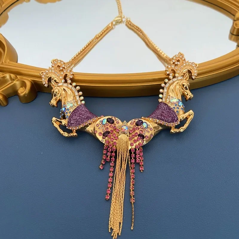 Vintage European and American Retro Style Enamel Craft Cute Animal Pegasus Fringe Sweet Romantic Three-dimensional Necklace Earr