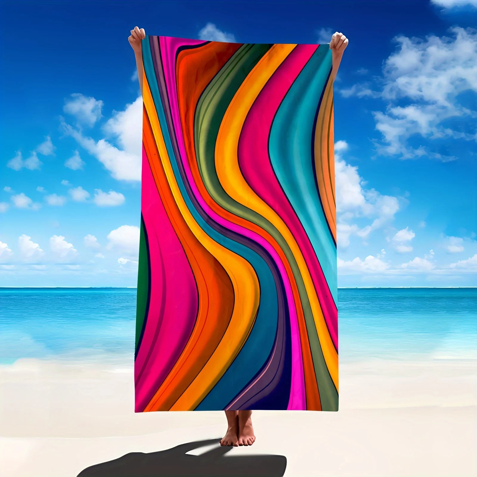 Colorful Waves Artistic Beach Towel, Vibrant Ocean Abstract Quick-Dry Sand-Free Microfiber Bath Towel for Yoga, Swim and Camping