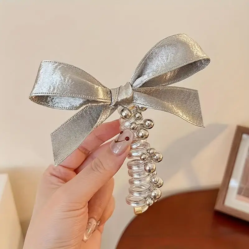 1pc women's silver bow phone line hair loop simple for the back of the head ponytail dress suitable for daily parties