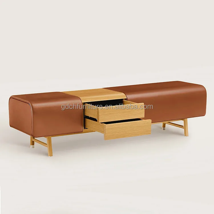 Italian Luxury Bedroom Furniture Bed End Stool Rectangular Bench Solid Wood Shoe Changing Stool Modern Leather Handmade Entry