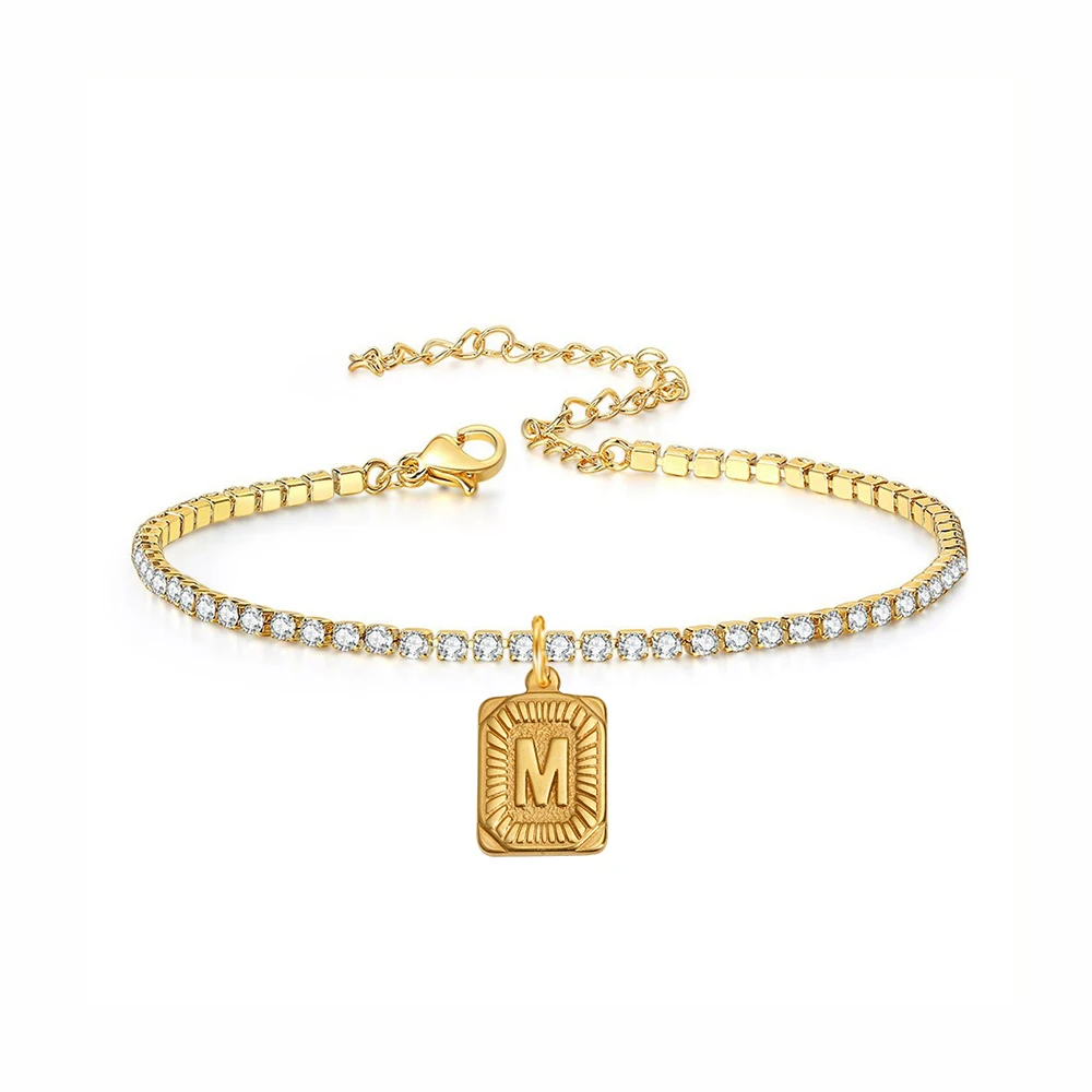 

Initial Square Letter CZ Bracelet, 2MM Tennis Chain Gold Plated Stainless Steel Name Charm Bracelets for Women Girls Wholesale