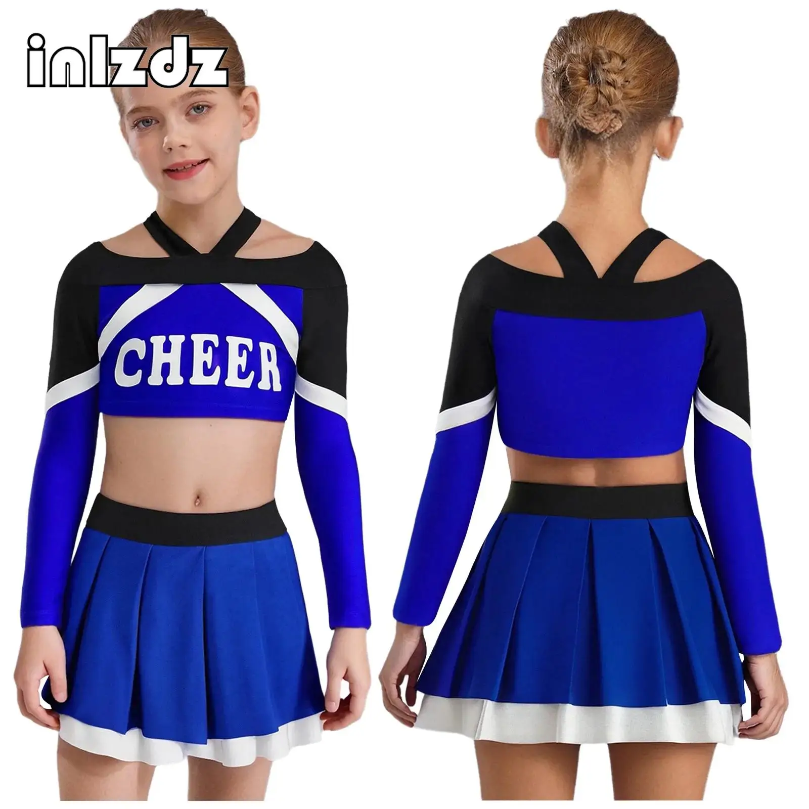 

Child Girls Cheerleader Dance Uniform Modern Dance Outfit Long Sleeve Crop Top+Pleated Skirt Set for Birthday Party Performance