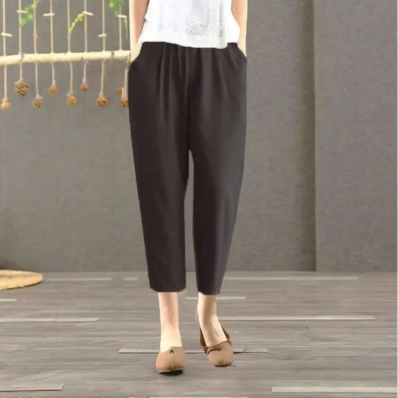 Pure Cotton Linen Harlan Casual Pants Printed Loose Nine Points Thin Mom Pants Large Size High Waist Korean Style Thin