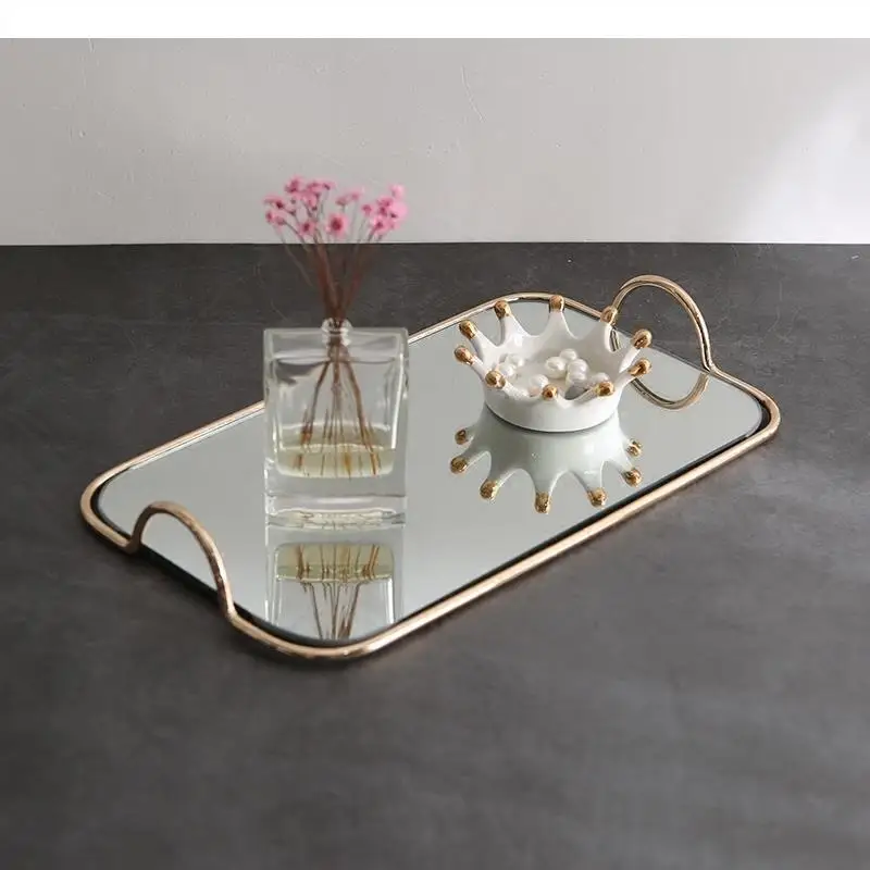 Metal Glass Mirror Storage Tray Gold Oval Dotted Fruit Plate Small Items Jewelry Display 45*30cm/35*20cm