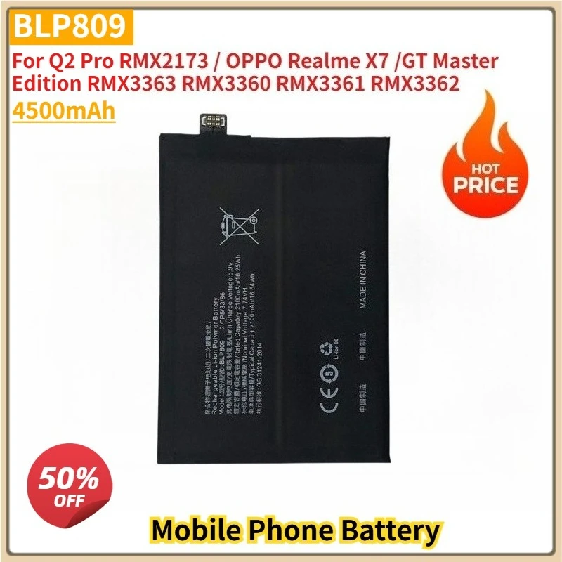 

New Replacement Battery BLP809 for Q2 Pro RMX2173 / OPPO Realme X7 /GT Master Edition RMX3363 RMX3360 RMX3361 RMX3362 4500mAh