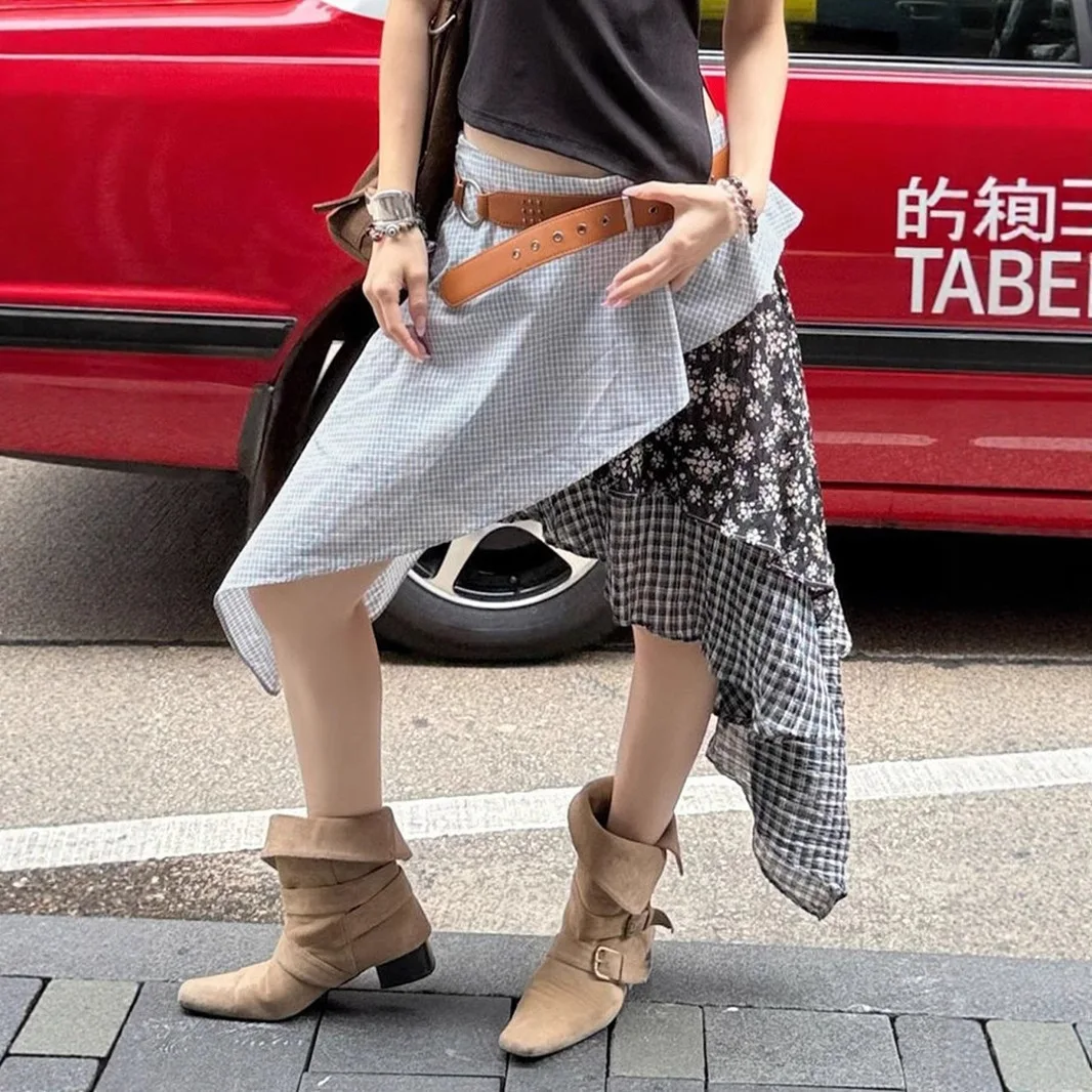 

Alternative Wasteland Style Street Irregular Plaid Floral Slim Midi Skirt Retro Color Block Mini Skirt
