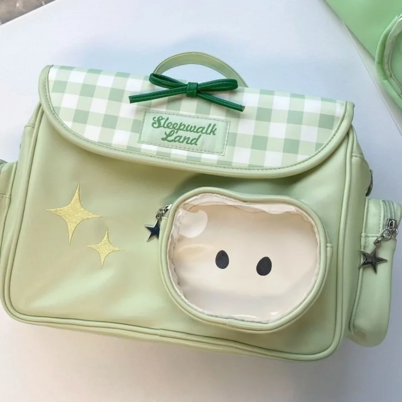 

Preppy Casual All Match Y2k Ita Bags for Women Contrast Color Plaid Star Embroidery Schoolbags Students Transparent Backpacks