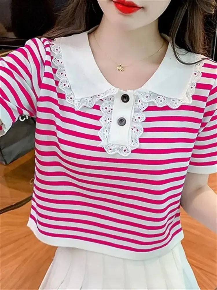 Slim Fit Short Sleeve  Neck T-Shirt Women's Summer Fashion Casual Wear Lace Detail Small Fragrance Style Other Material