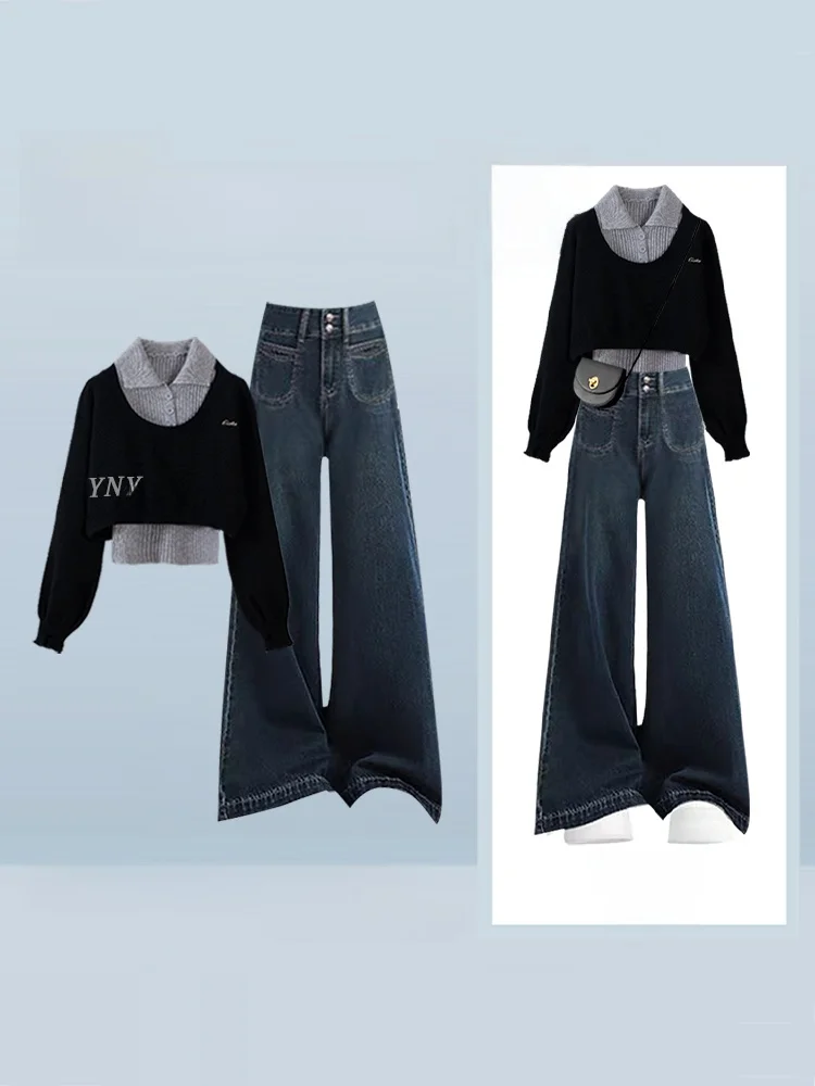 

Осенне-зимний комплект в корейском стиле из трех предметов: вязаная базовая рубашка с отложным воротником, джинсы с рукавами-фонариками, женские прямые джинсы.