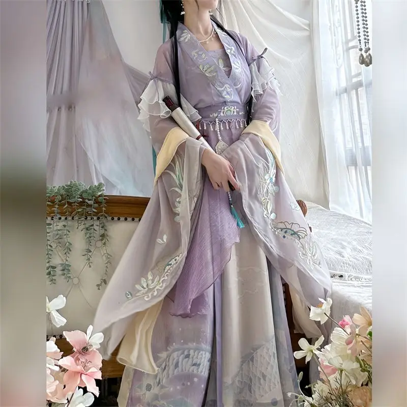 

Hanfu Dress Folk Dance Embroidery Chinese Women Traditional Nanbei Dynasty Fairy Cosplay Costume Ancient Princess Stage Outfits