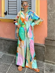 Print Womsen Pajamas Set Single Breasted Button Down Collar Shirts Wide Leg Elastic Waist Trousers Female Sleepwear Home Suit