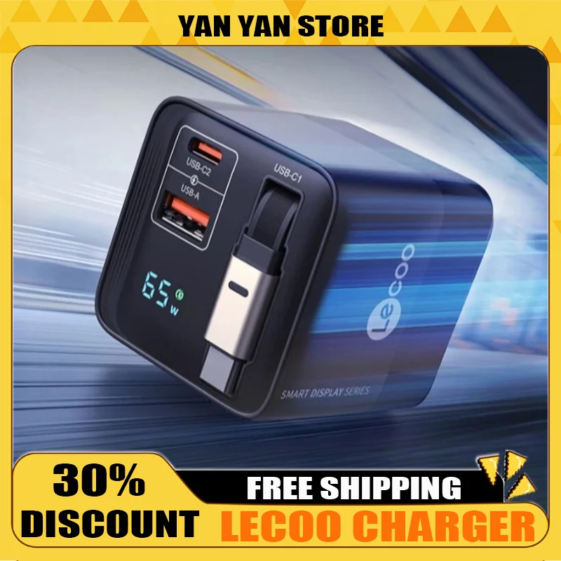 

Lecoo 65W100W GaN Charger Digital Display Adapter with Built-in 80cm Retractable Cable 3-Port Fast Charging Mobile Phone Charger