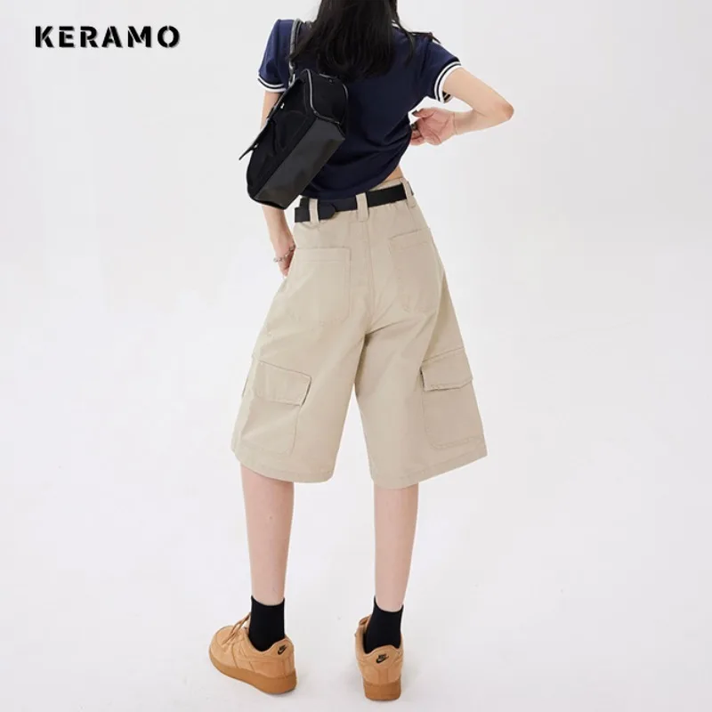 American Vintage Cargo Jeans High Waist Women's Casual 2000s Mid Long Shorts Baggy Wide Leg High Street Retro Denim Shorts