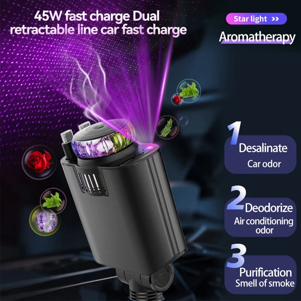 

45W Car Fast Charger Retractable Phone Charger With Roof Starlight Aromatherapy for IPhone Samsung Fast USB Charging Adapter