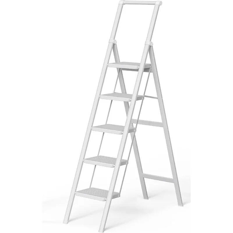 سلم ذو 5 خطوات، مقعد قابل للطي، سلم أبيض قابل للطي لسقف عالي 10 أقدام مع قوي عريض مضاد للانزلاق - توصيل مجاني #1